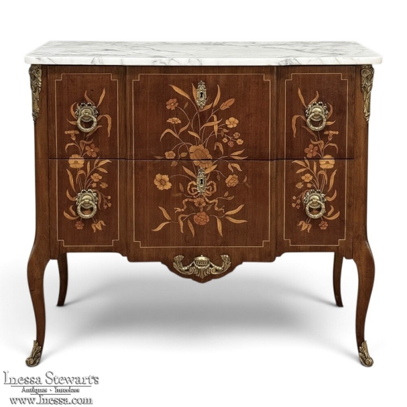 Antique French Louis XVI Style Marquetry Marble Top Commode