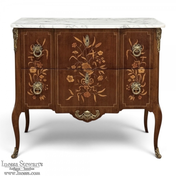 Antique French Louis XVI Style Marquetry Marble Top Commode