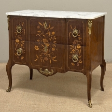 Antique French Louis XVI Style Marquetry Marble Top Commode