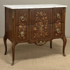 Antique French Louis XVI Style Marquetry Marble Top Commode