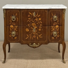Antique French Louis XVI Style Marquetry Marble Top Commode