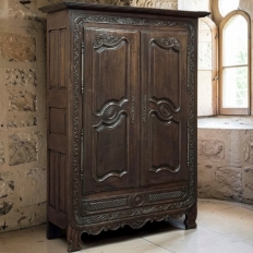 18th Century Country French Normandy Carved Oak Armoire