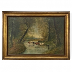 Framed Oil Painting on Canvas by J. Vanlint 'Landscape with Cows'