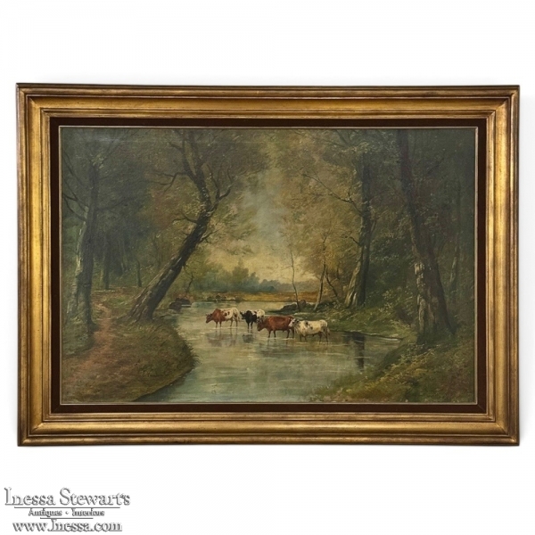 Framed Oil Painting on Canvas by J. Vanlint 'Landscape with Cows'