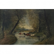 Framed Oil Painting on Canvas by J. Vanlint 'Landscape with Cows'