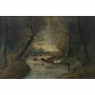 Framed Oil Painting on Canvas by J. Vanlint 'Landscape with Cows'