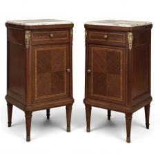 Pair of Antique French Louis XVI Style Marquetry Marble Top Nightstands