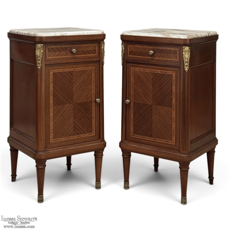 Pair of Antique French Louis XVI Style Marquetry Marble Top Nightstands