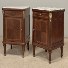 Pair of Antique French Louis XVI Style Marquetry Marble Top Nightstands