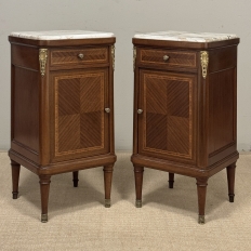 Pair of Antique French Louis XVI Style Marquetry Marble Top Nightstands