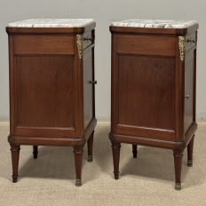 Pair of Antique French Louis XVI Style Marquetry Marble Top Nightstands