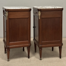 Pair of Antique French Louis XVI Style Marquetry Marble Top Nightstands