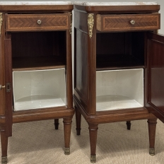 Pair of Antique French Louis XVI Style Marquetry Marble Top Nightstands
