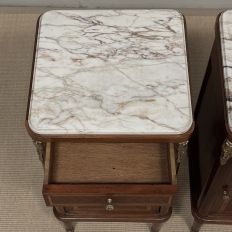 Pair of Antique French Louis XVI Style Marquetry Marble Top Nightstands