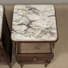 Pair of Antique French Louis XVI Style Marquetry Marble Top Nightstands
