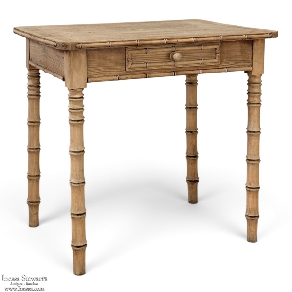 19th Century French Stripped Pine Faux Bamboo End Table with Drawer