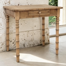 19th Century French Stripped Pine Faux Bamboo End Table with Drawer