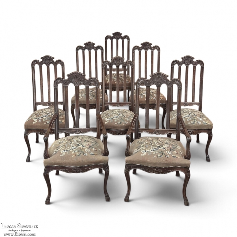 Set of 8 Antique Country French Liègeois Dining Chairs with Needlepoint Tapestry includes 2 Armchairs
