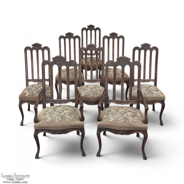 Set of 8 Antique Country French Li&egrave;geois Dining Chairs with Needlepoint Tapestry includes 2 Armchairs