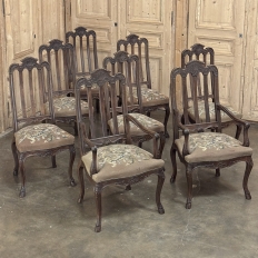 Set of 8 Antique Country French Liègeois Dining Chairs with Needlepoint Tapestry includes 2 Armchairs
