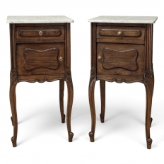 Pair of Antique French Louis XV Oak Nightstands with Carrara Marble