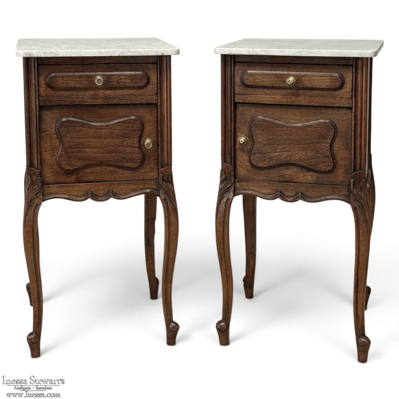 Pair of Antique French Louis XV Oak Nightstands with Carrara Marble