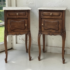 Pair of Antique French Louis XV Oak Nightstands with Carrara Marble