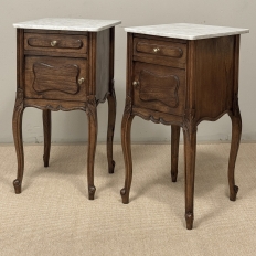 Pair of Antique French Louis XV Oak Nightstands with Carrara Marble