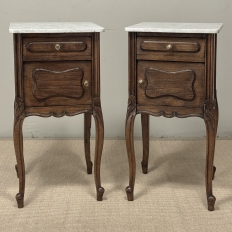 Pair of Antique French Louis XV Oak Nightstands with Carrara Marble