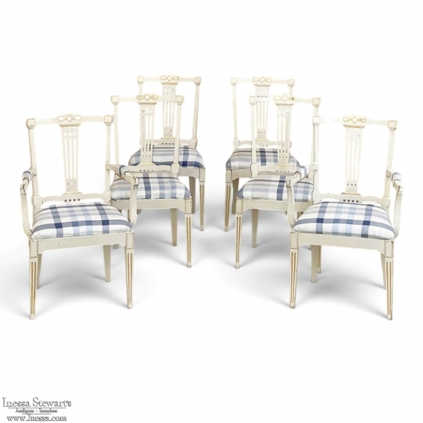 Set of 6 Antique Swedish Gustavian Painted Dining Chairs includes 2 Armchairs