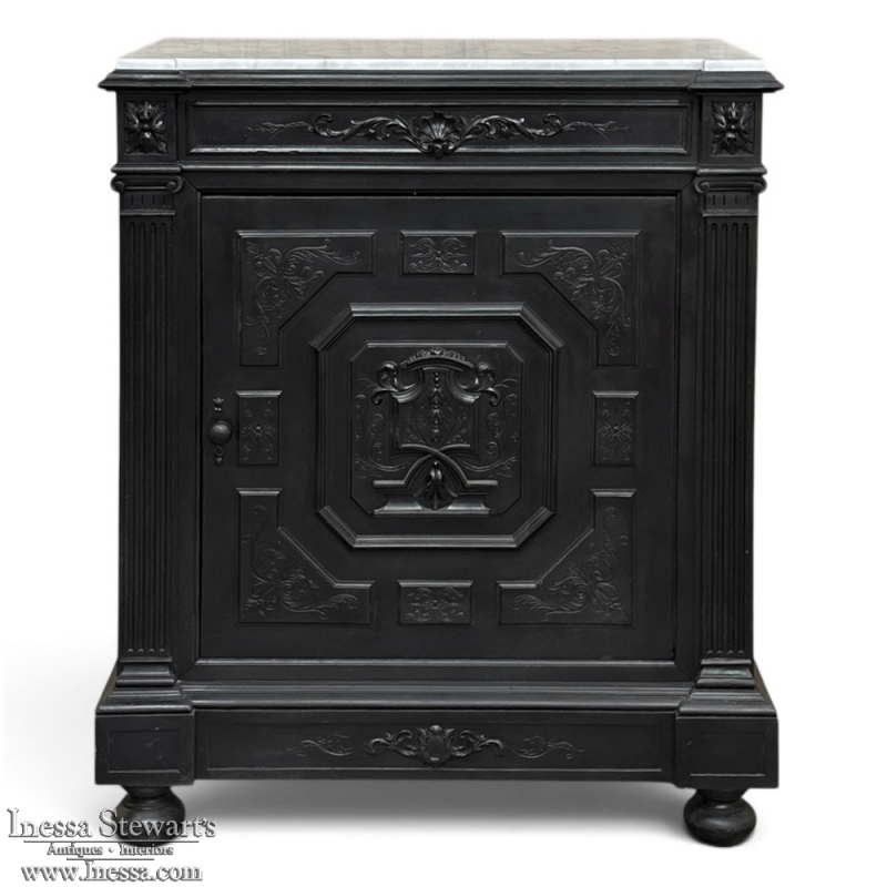 19th Century French Napoleon III Ebonized Neoclassical Cabinet with Carrara Marble