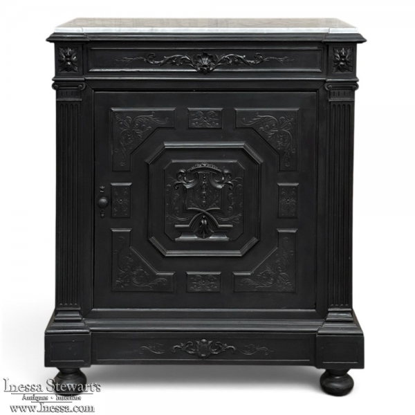 19th Century French Napoleon III Ebonized Neoclassical Cabinet with Carrara Marble