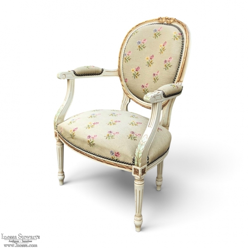 19th Century French Louis XVI Painted Needlepoint Armchair