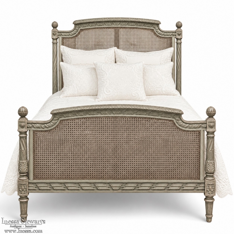 19th Century French Louis XVI Painted Cane Bed by Hopilliart & Leroy of Paris