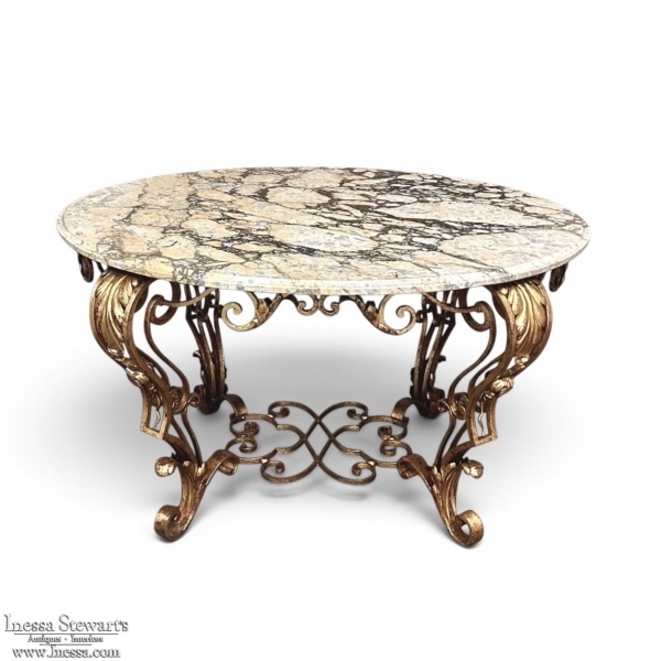 Italian Gilt Iron R&eacute;gence Style Oval Marble Top Coffee Table