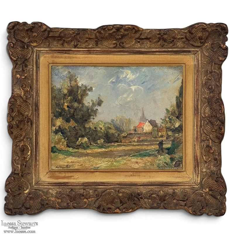 Framed Oil Painting on Panel by Lucien Dasselborne (1873–1962) 'Country Road to a Farmstead'