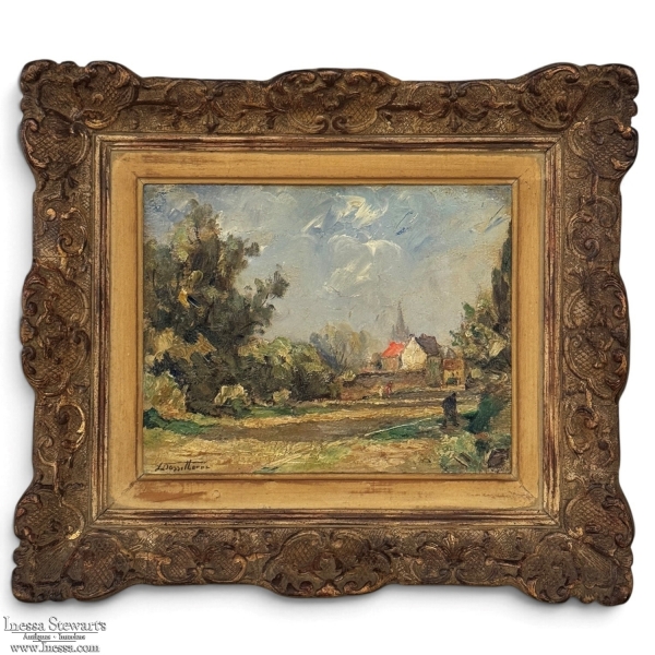 Framed Oil Painting on Panel by Lucien Dasselborne (1873&ndash;1962) 'Country Road to a Farmstead'