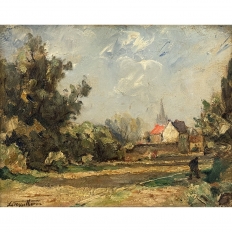 Framed Oil Painting on Panel by Lucien Dasselborne (1873–1962) 'Country Road to a Farmstead'