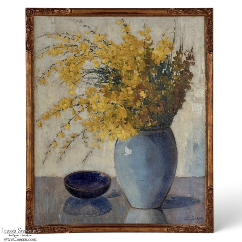 Framed Oil Painting on Canvas by Clemence Biron circa 1925 'Forsythia'