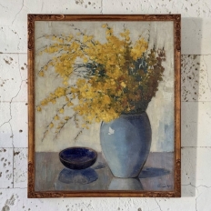 Framed Oil Painting on Canvas by Clemence Biron circa 1925 'Forsythia'