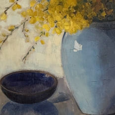 Framed Oil Painting on Canvas by Clemence Biron circa 1925 'Forsythia'