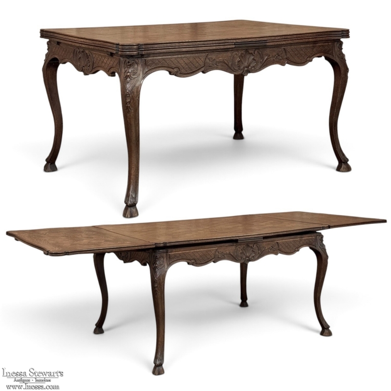 Antique Liegeois Regence Style Carved Oak Draw Leaf Dining Table
