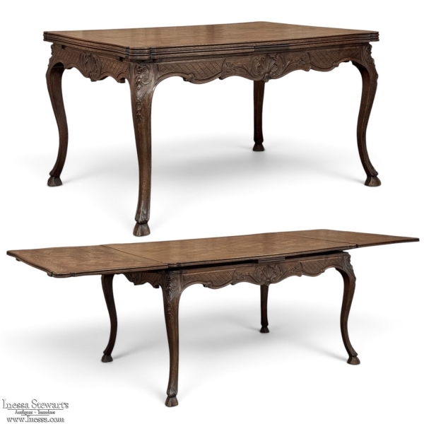 Antique Liegeois Regence Style Carved Oak Parquet Draw Leaf Dining Table