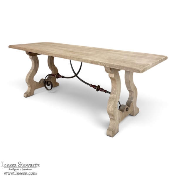 Vintage Spanish Dining Table with Wrought Iron in Solid Stripped Oak
