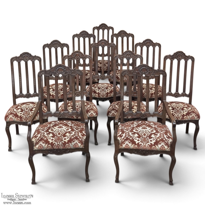 Set of 12 Antique Country French Regence Style Dining Chairs includes 2 Armchairs
