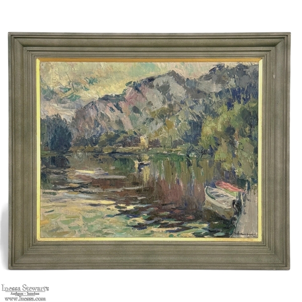Antique Belgian Impressionist Oil Painting on Canvas by Albert Chavepeyer (1899-1986) 'River Landscape'