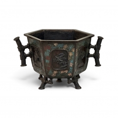 Antique Japanese Meiji Period Enameled Bronze Hexagonal Cachepot Planter