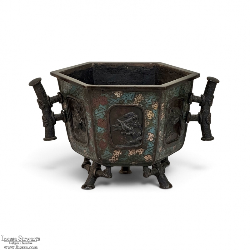 Antique Japanese Meiji Period Enameled Bronze Hexagonal Cachepot Planter