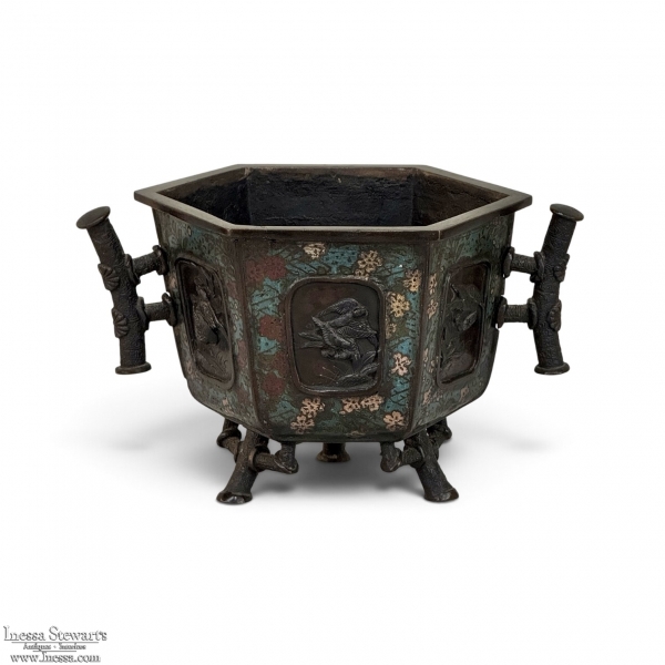 Antique Japanese Meiji Period Enameled Bronze Hexagonal Cachepot Planter