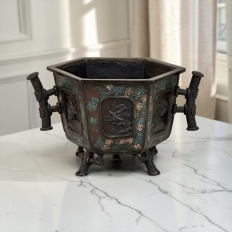 Antique Japanese Meiji Period Enameled Bronze Hexagonal Cachepot Planter